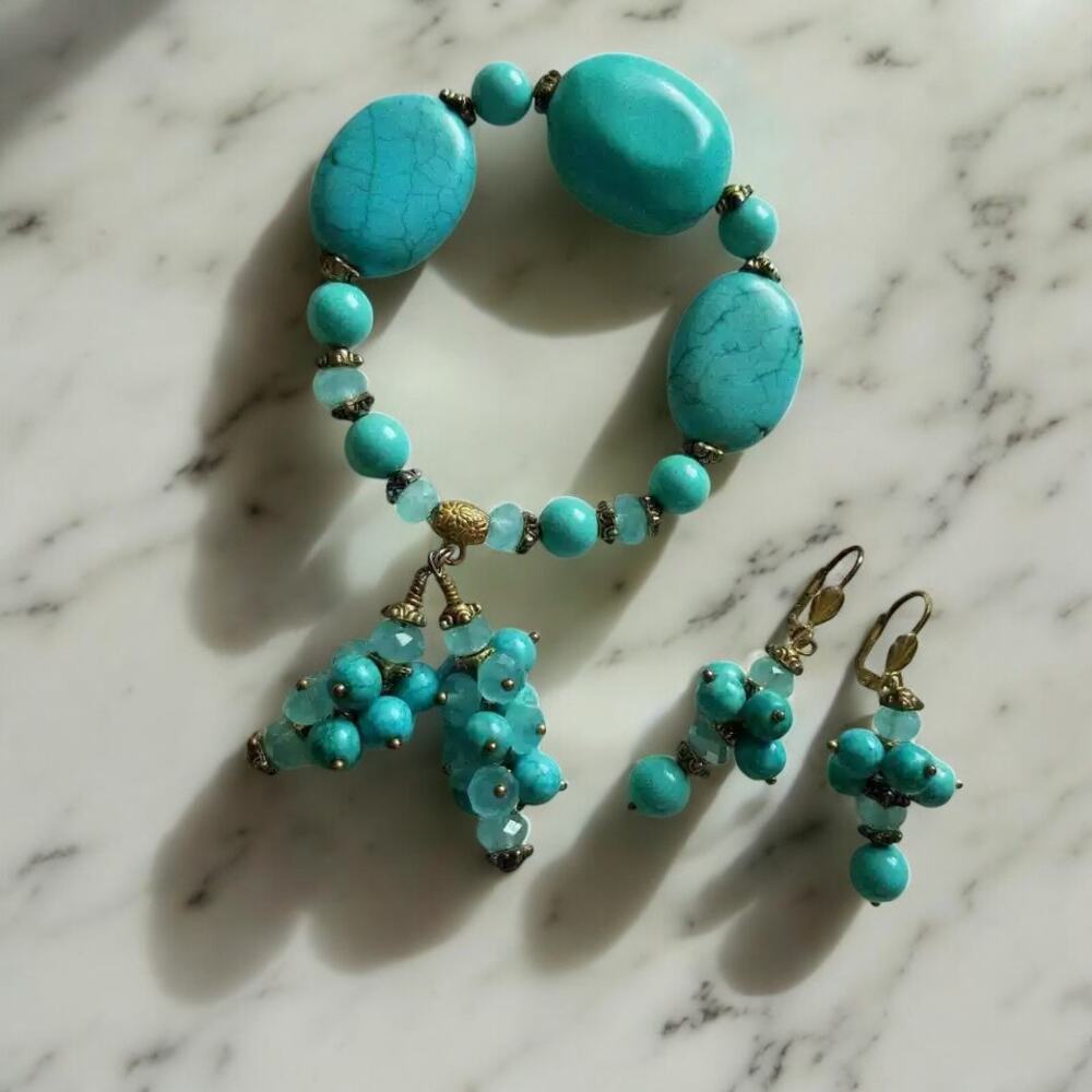 Howlite Bracelet & Dangle Earrings Set Blue Vintage Bead Stone Jewelry 3 Pc Lot